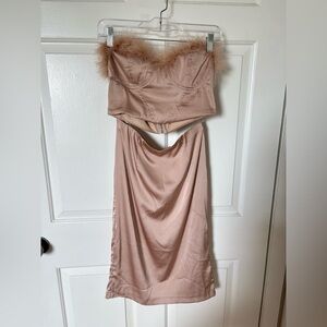 Blanc Two Piece Champagne Boa Trim Top Midi Skirt Set